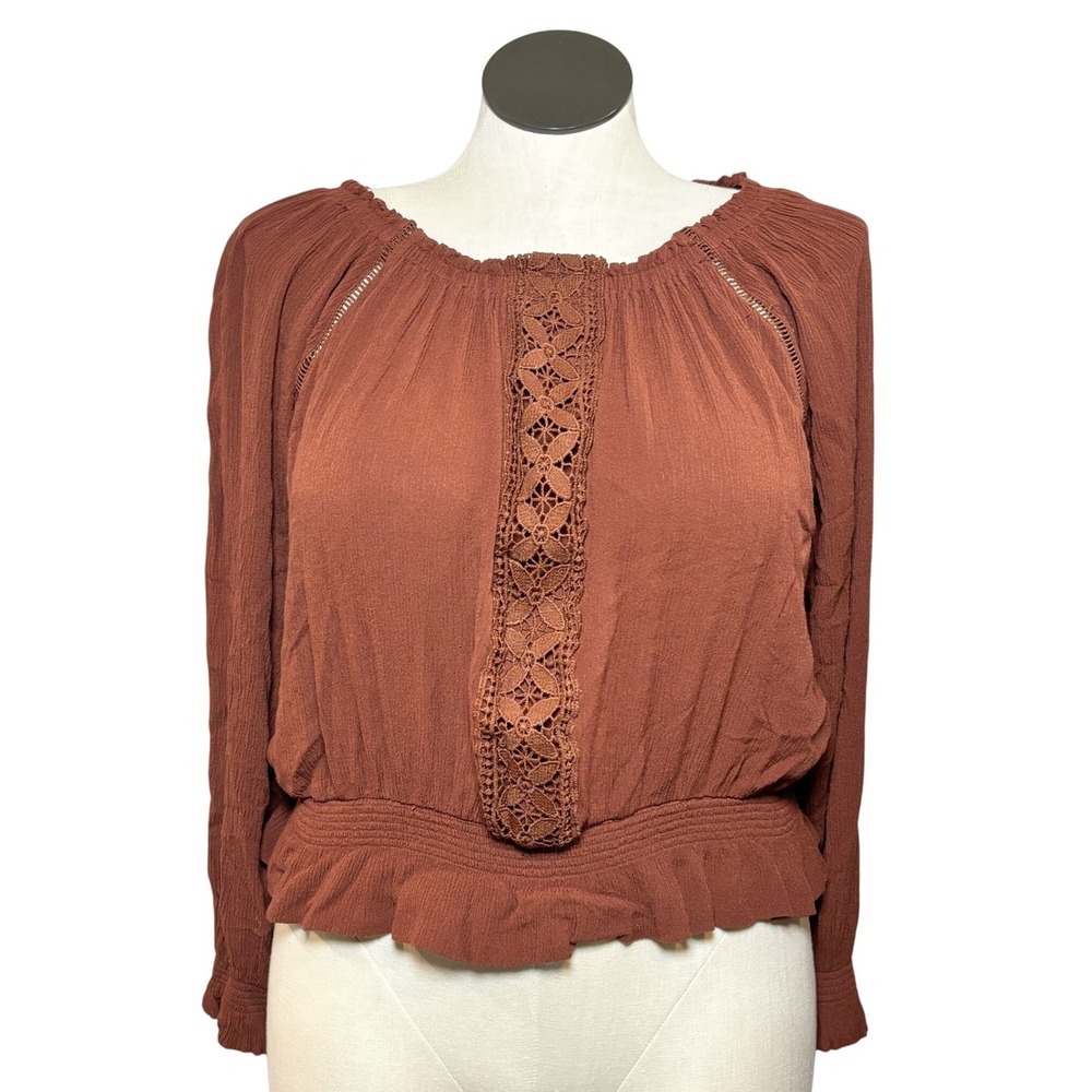 Rockin C Rust Orange Crochet Lace Smocked Peasant Blouse XL Long Sleeve Rayon